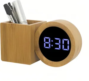Lancoon Digital Wooden LED Desk Clock with Pen Holder Sound Control Calendar Temperature Snooze Desk Organizer Battery Charging Port for Home Office Study Room (Blue)