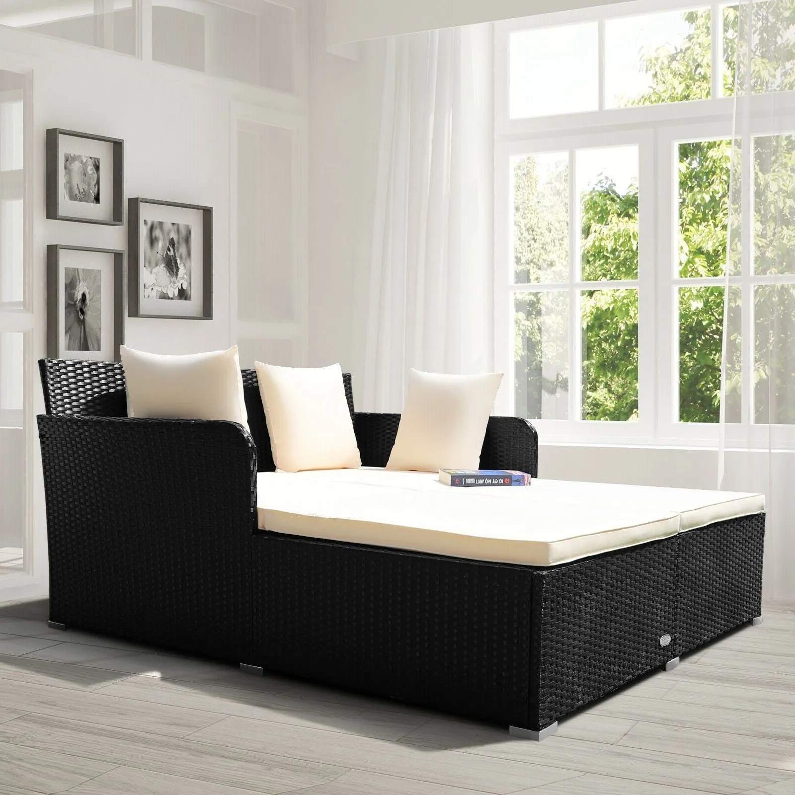 Large Modern Outdoor Patio Furniture Cushioned Daybed with Pillows