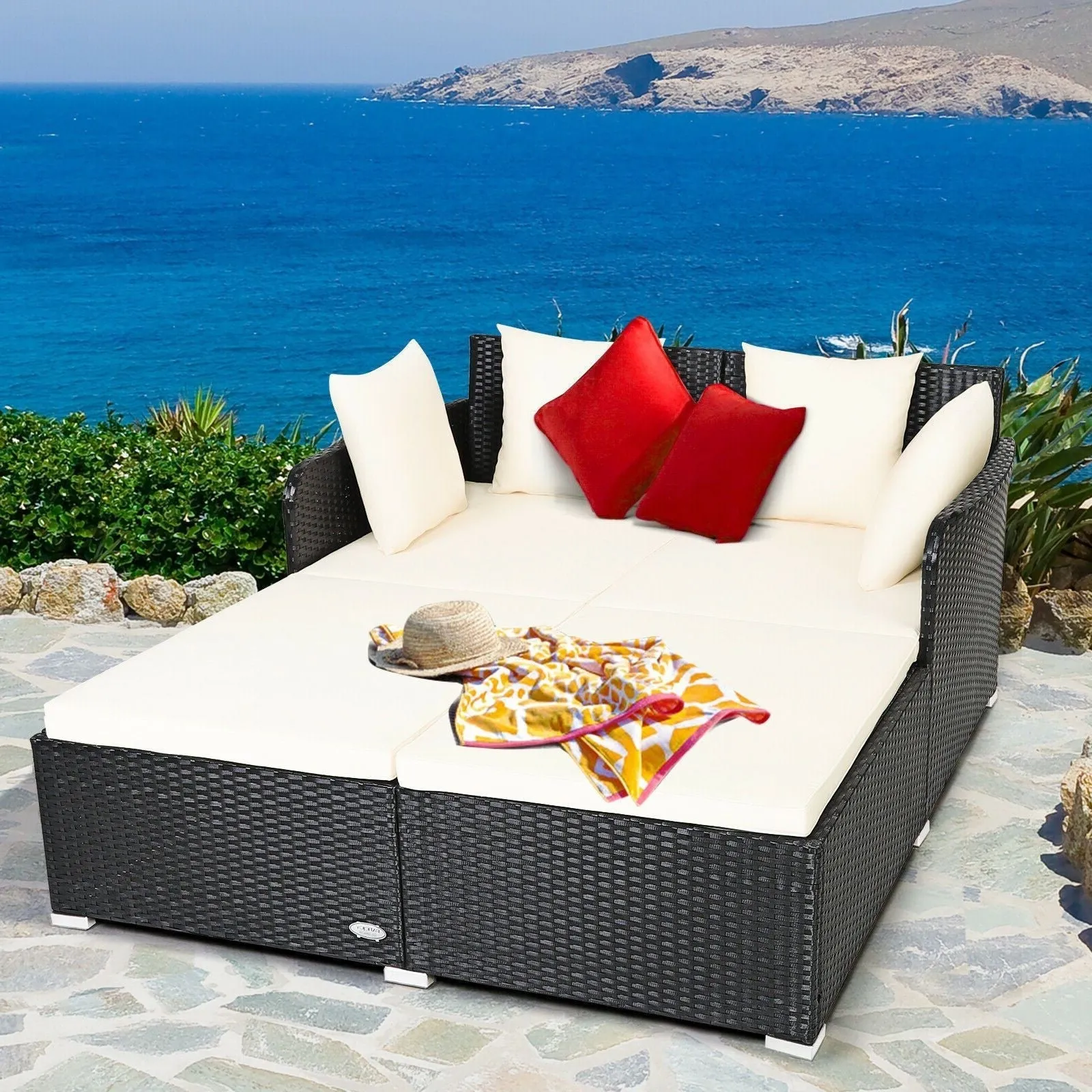 Large Modern Outdoor Patio Furniture Cushioned Daybed with Pillows