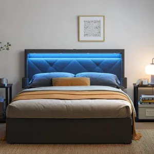 LED Queen Upholstered Bed Frame With Headboard