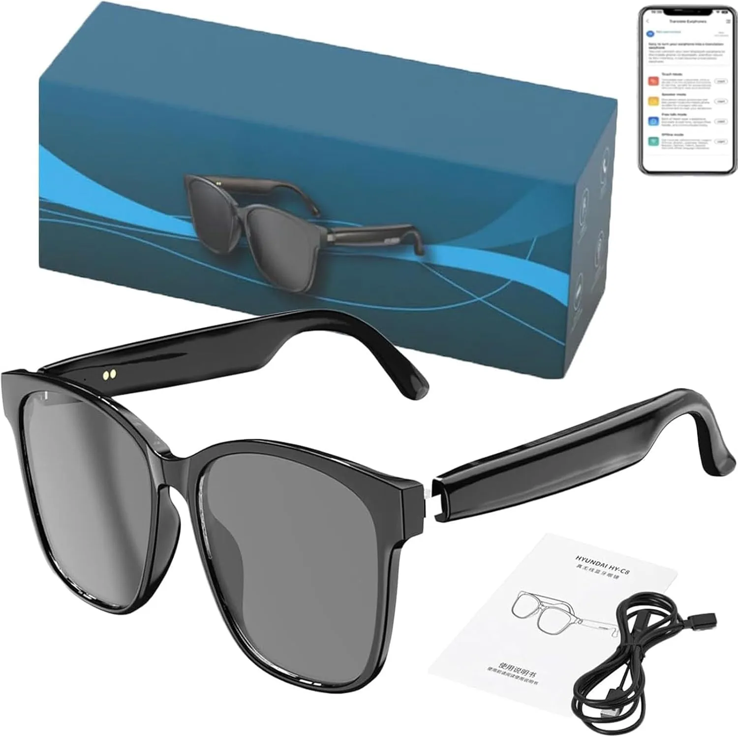 Lenskey Ai Translation Glasses, 144 Language Real-Time Translation Smart Glasses, with Bluetooth Anti-Blue Light Conference simultaneous Interpretation with Bluetooth for Men & Women (Black)