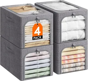Lifewit 4 Pack Clothes Storage Bins with Metal Frame, Foldable Clothing Storage Bins with Lids, 40L Stackable Storage Box Storage Bags Fabric Bins Organizer with Clear Window Zippers Sturdy Handles