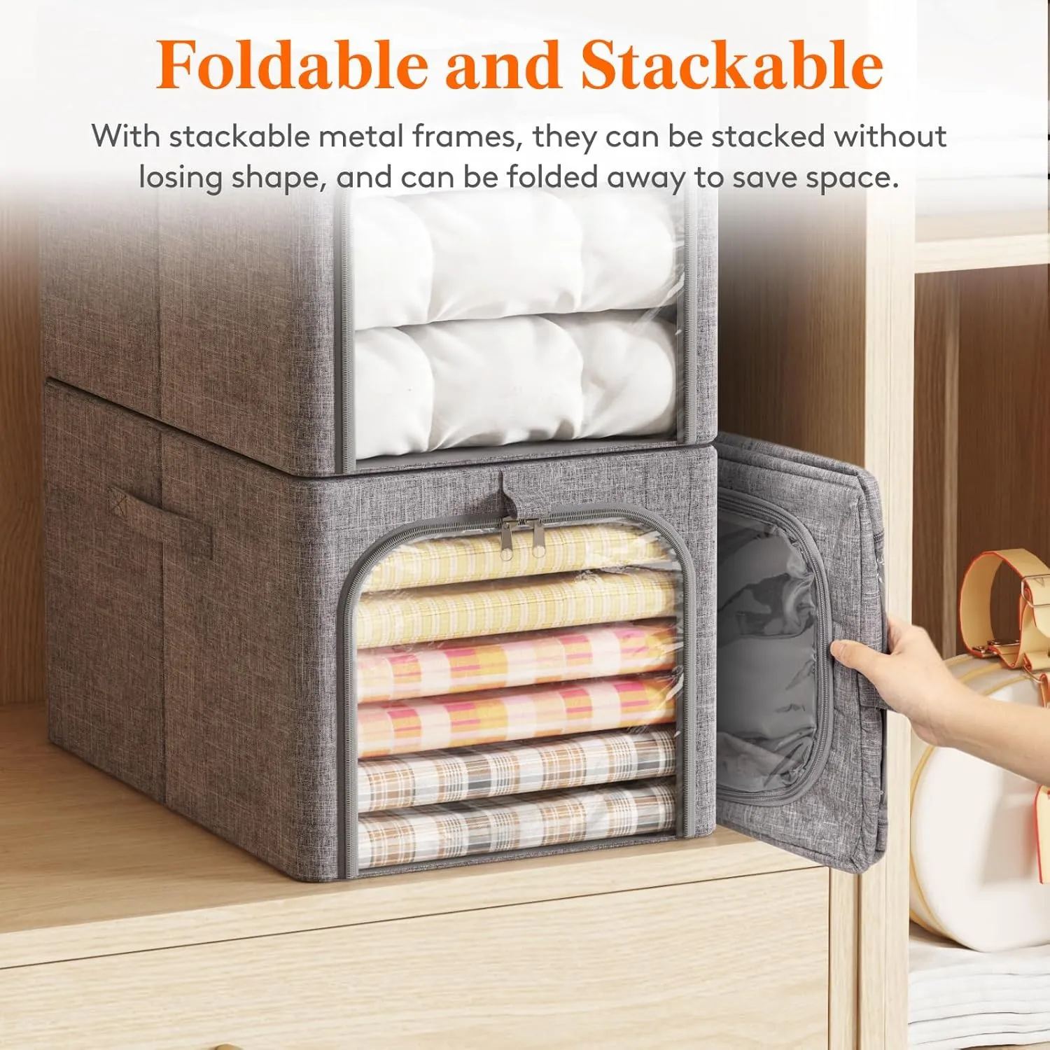 Lifewit 4 Pack Clothes Storage Bins with Metal Frame, Foldable Clothing Storage Bins with Lids, 40L Stackable Storage Box Storage Bags Fabric Bins Organizer with Clear Window Zippers Sturdy Handles