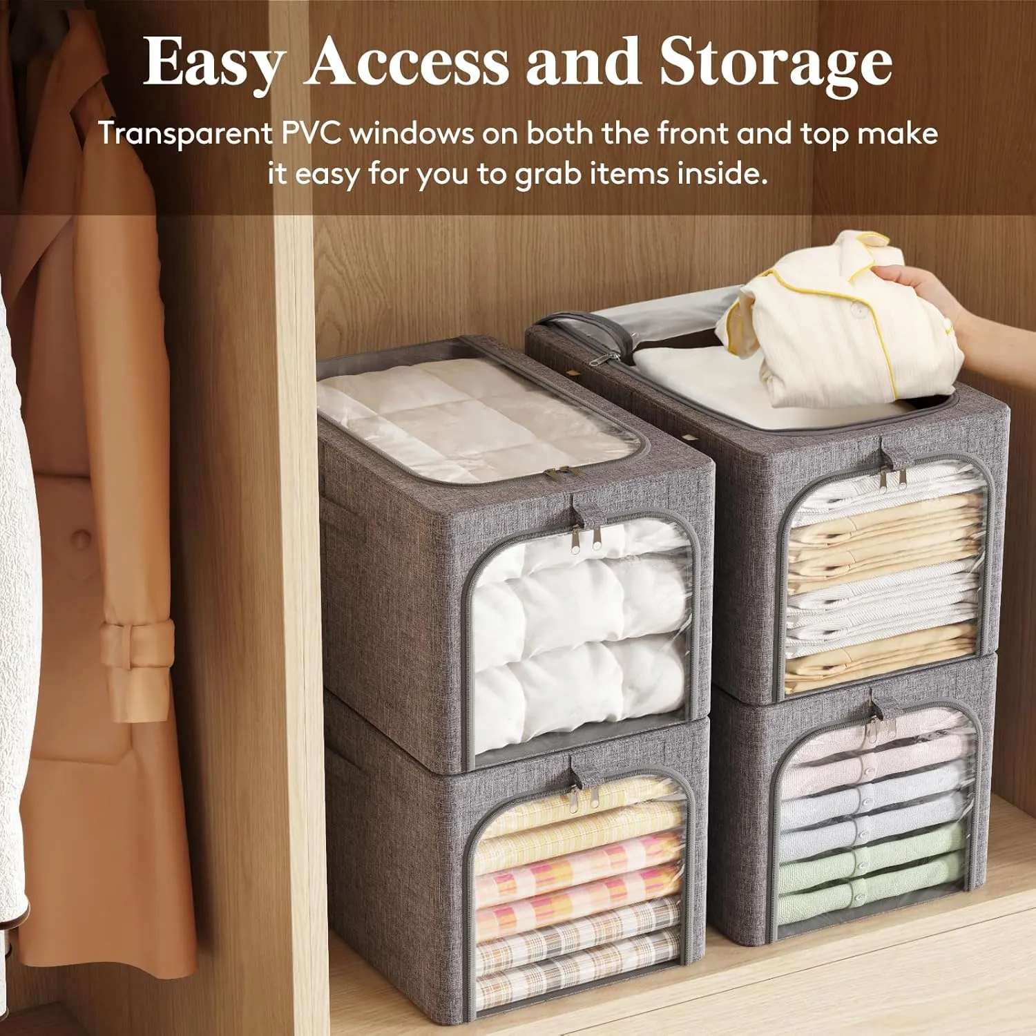 Lifewit 4 Pack Clothes Storage Bins with Metal Frame, Foldable Clothing Storage Bins with Lids, 40L Stackable Storage Box Storage Bags Fabric Bins Organizer with Clear Window Zippers Sturdy Handles