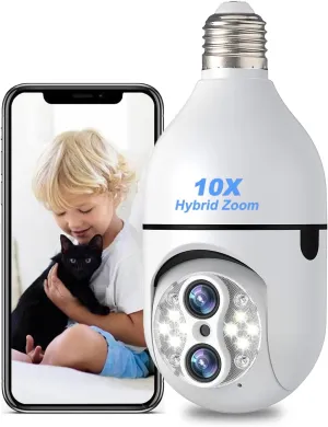 Light Bulb Security Camera, 10X Zoom PTZ E27 Light Socket Cameras for Home Security Outside Outdoor Indoor 2.4G Wireless WiFi, 1080P Color Night Vision, Auto Tracking, 360 Degree Panoramic(Dual Lens)