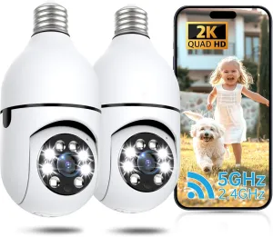 Light Bulb Security Camera 2 Packs, 5G&2.4GHz 2K Security Cameras Wireless Outdoor 360 PTZ Cameras for Home Security with Color Night Vision, 2 Way Talk, AI Human Detection, Screw in Light Socket