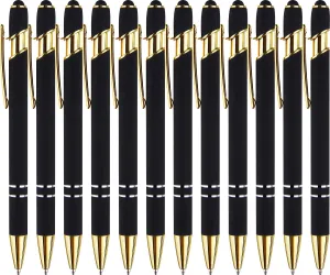 LINFANC 12 Pack Black Gold Ballpoint Pen with Stylus Tip, 1.0 mm Black Ink Smooth Writing Pens, Metal Stylus Pens for Touch Screens