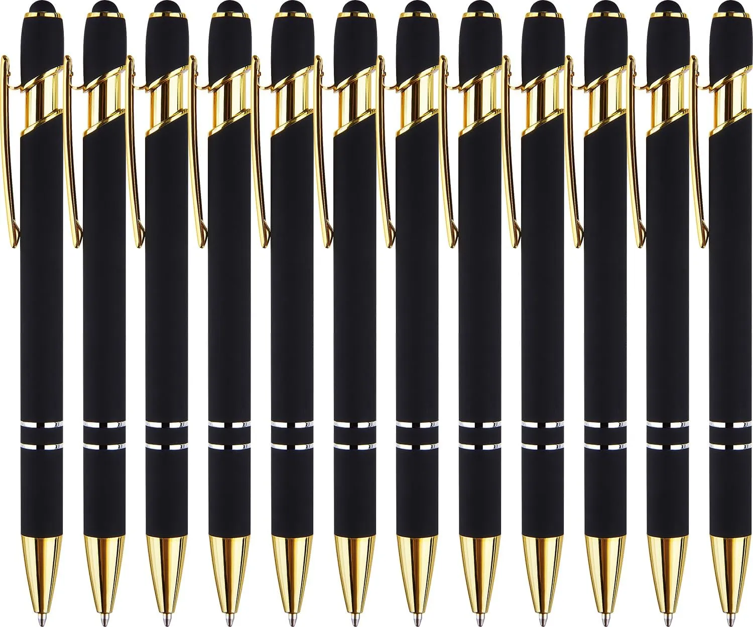 LINFANC 12 Pack Black Gold Ballpoint Pen with Stylus Tip, 1.0 mm Black Ink Smooth Writing Pens, Metal Stylus Pens for Touch Screens