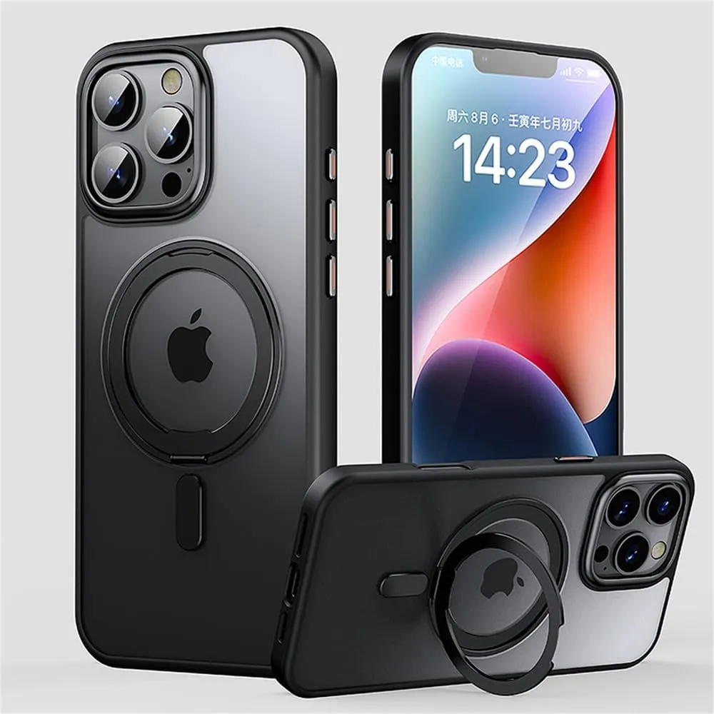 Magnetic 360 Stand Phone Case for iPhone 11 12 13 14 15 16 Pro Max 16Plus Metal Button Lens Protection Transparent Matte Cover,Black,for iPhone 12