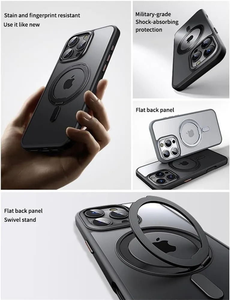 Magnetic 360 Stand Phone Case for iPhone 11 12 13 14 15 16 Pro Max 16Plus Metal Button Lens Protection Transparent Matte Cover,Black,for iPhone 12