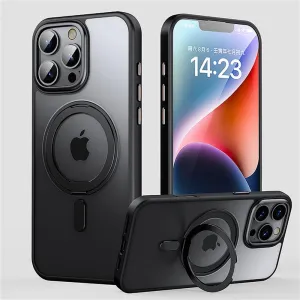 Magnetic 360 Stand Phone Case for iPhone 11 12 13 14 15 16 Pro Max 16Plus Metal Button Lens Protection Transparent Matte Cover,Black,for iPhone 12