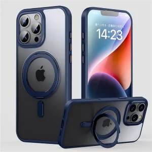 Magnetic 360 Stand Phone Case for iPhone 11 12 13 14 15 16 Pro Max 16Plus Metal Button Lens Protection Transparent Matte Cover,Blue,for iPhone 11 Pro