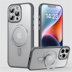 Magnetic 360 Stand Phone Case for iPhone 11 12 13 14 15 16 Pro Max 16Plus Metal Button Lens Protection Transparent Matte Cover,Gray,for iPhone 11 Pro