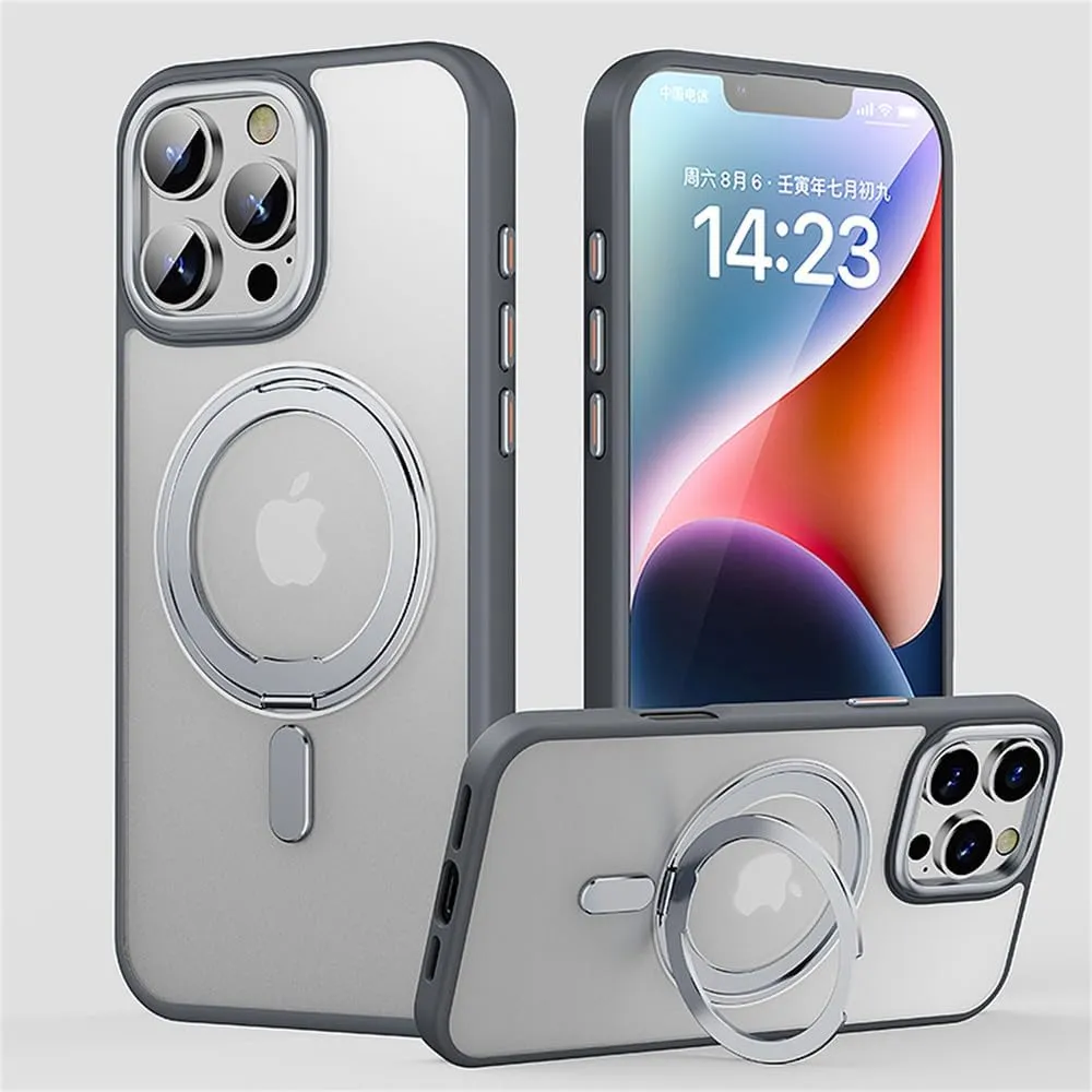 Magnetic 360 Stand Phone Case for iPhone 11 12 13 14 15 16 Pro Max 16Plus Metal Button Lens Protection Transparent Matte Cover,Gray,for iPhone 11 Pro