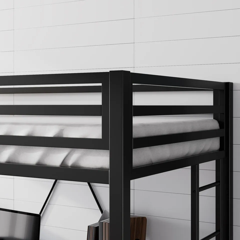 Metal Twin Loft Bed Frame with Desk, Guardrail, Ladder, and 400lb Capacity