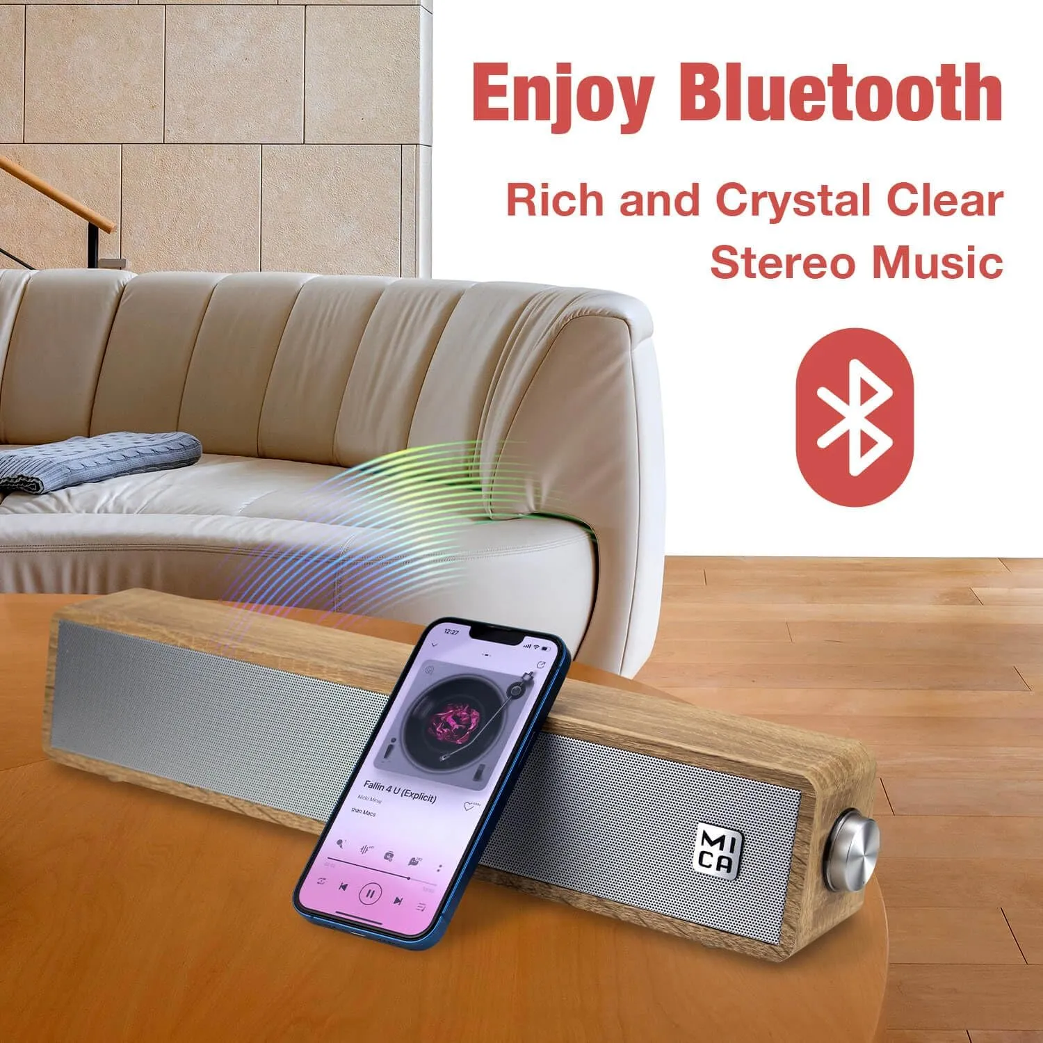 MICA Bluetooth Computer Speakers, Angled Wooden Computer Sound Bar, 3.5mm Aux-in Connection, Wired USB Powered PC Speakers for Desktop Monitor, Laptop, Tablet - Yellow (M30T)
