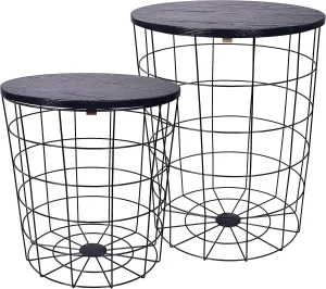 Nesting Table End Table Wire Basket Base with Wood Tops Side Table Set of 2, Black
