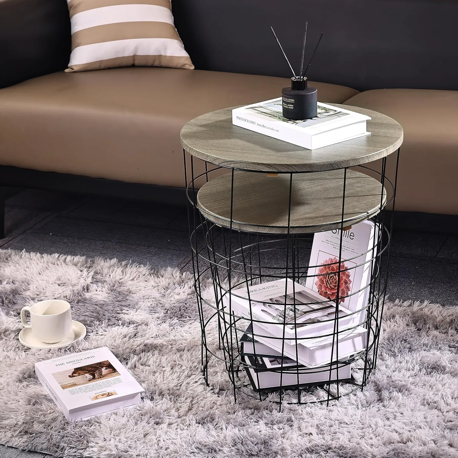 Nesting Table End Table Wire Basket Base with Wood Tops Side Table Set of 2, Gray