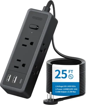 NTONPOWER Extension Cord 25 ft, 1080 Joules Surge Protector Power Strip with 6 Widely Outlets 3 USB (1 USB C), Long Extension Cord for Home Office Dorm Room Essentials