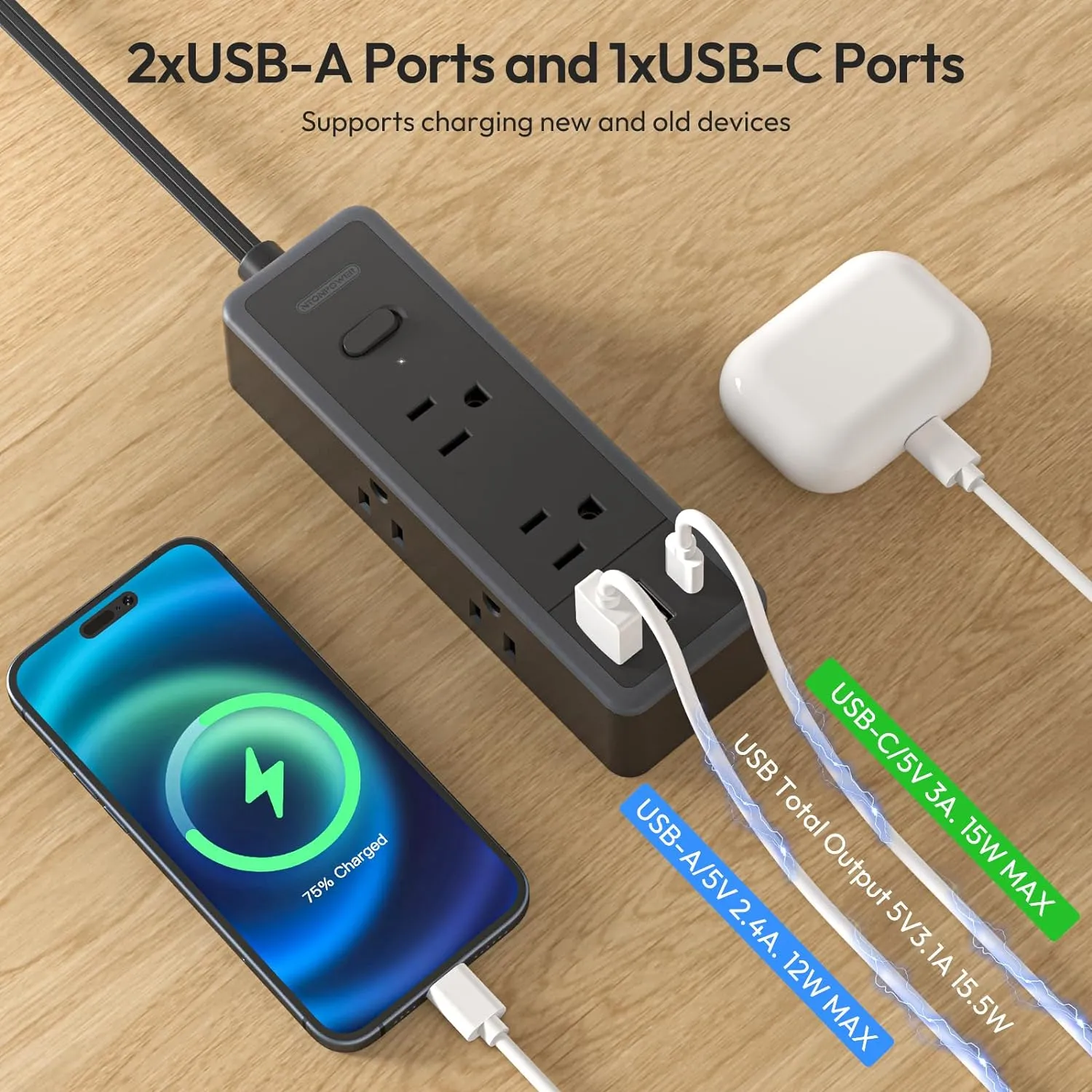 NTONPOWER Extension Cord 25 ft, 1080 Joules Surge Protector Power Strip with 6 Widely Outlets 3 USB (1 USB C), Long Extension Cord for Home Office Dorm Room Essentials