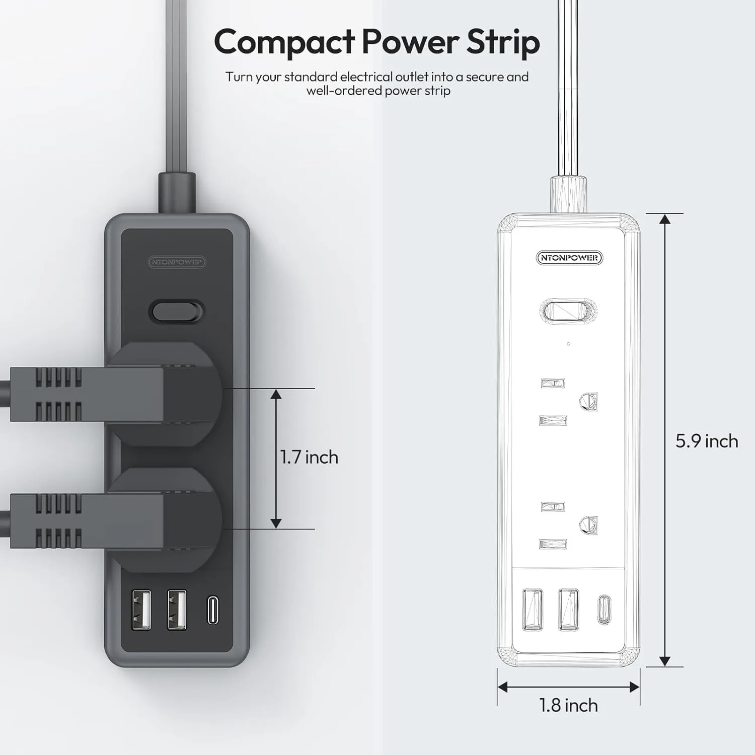 NTONPOWER Extension Cord 25 ft, 1080 Joules Surge Protector Power Strip with 6 Widely Outlets 3 USB (1 USB C), Long Extension Cord for Home Office Dorm Room Essentials