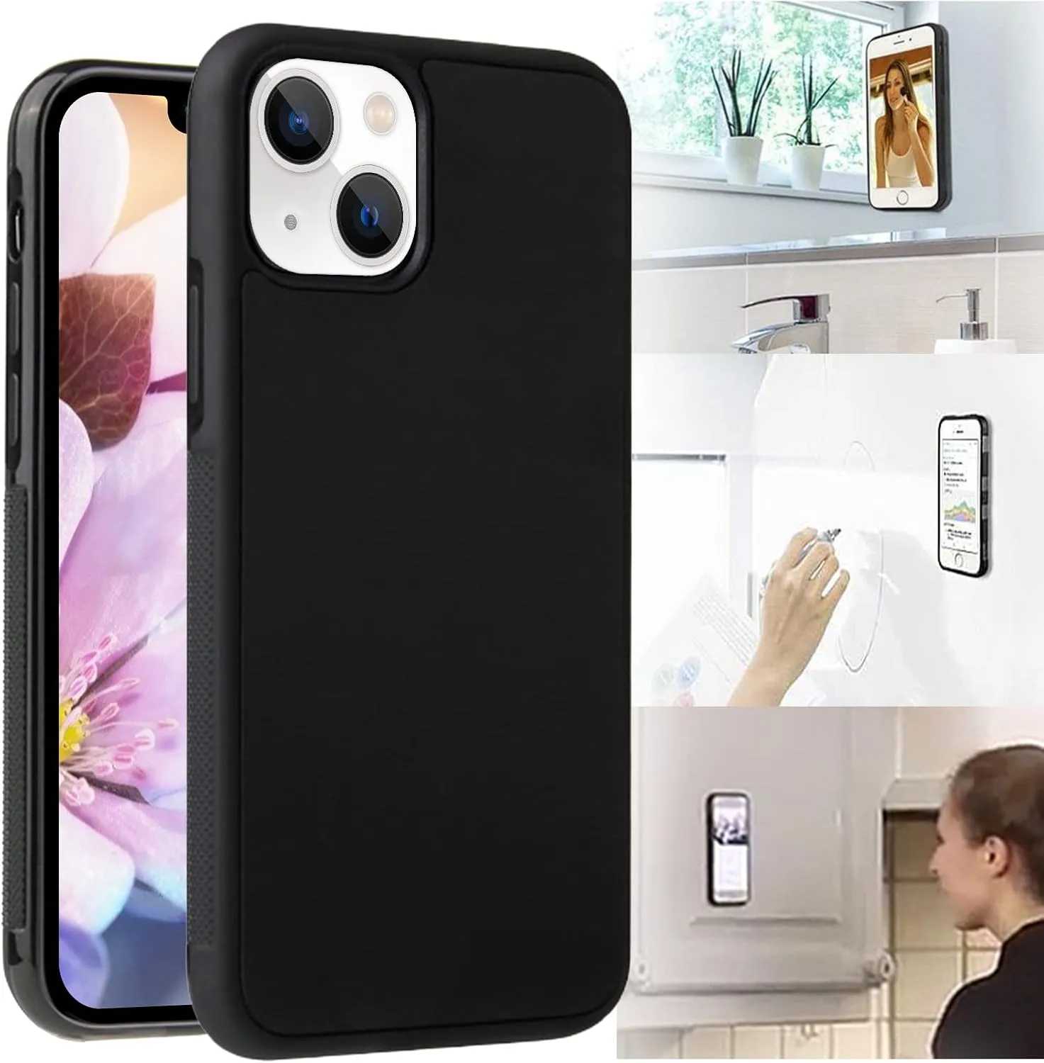 Omio for iPhone 13 Antigravity Case Ultra Thin Magical Nano Sticky Technology Anti-Gravity Protective Cover Nano Suction Flexible Non-Slip Anti-Scratch Shell for iPhone 13 Case Black
