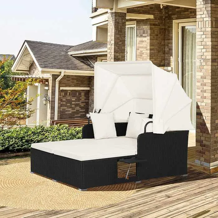 Outdoor Patio Wicker Daybed With Canopy