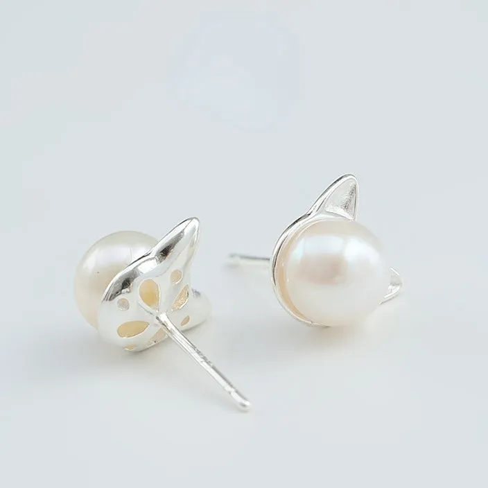 Pearl Little Cat Silver Stud Earrings for Women