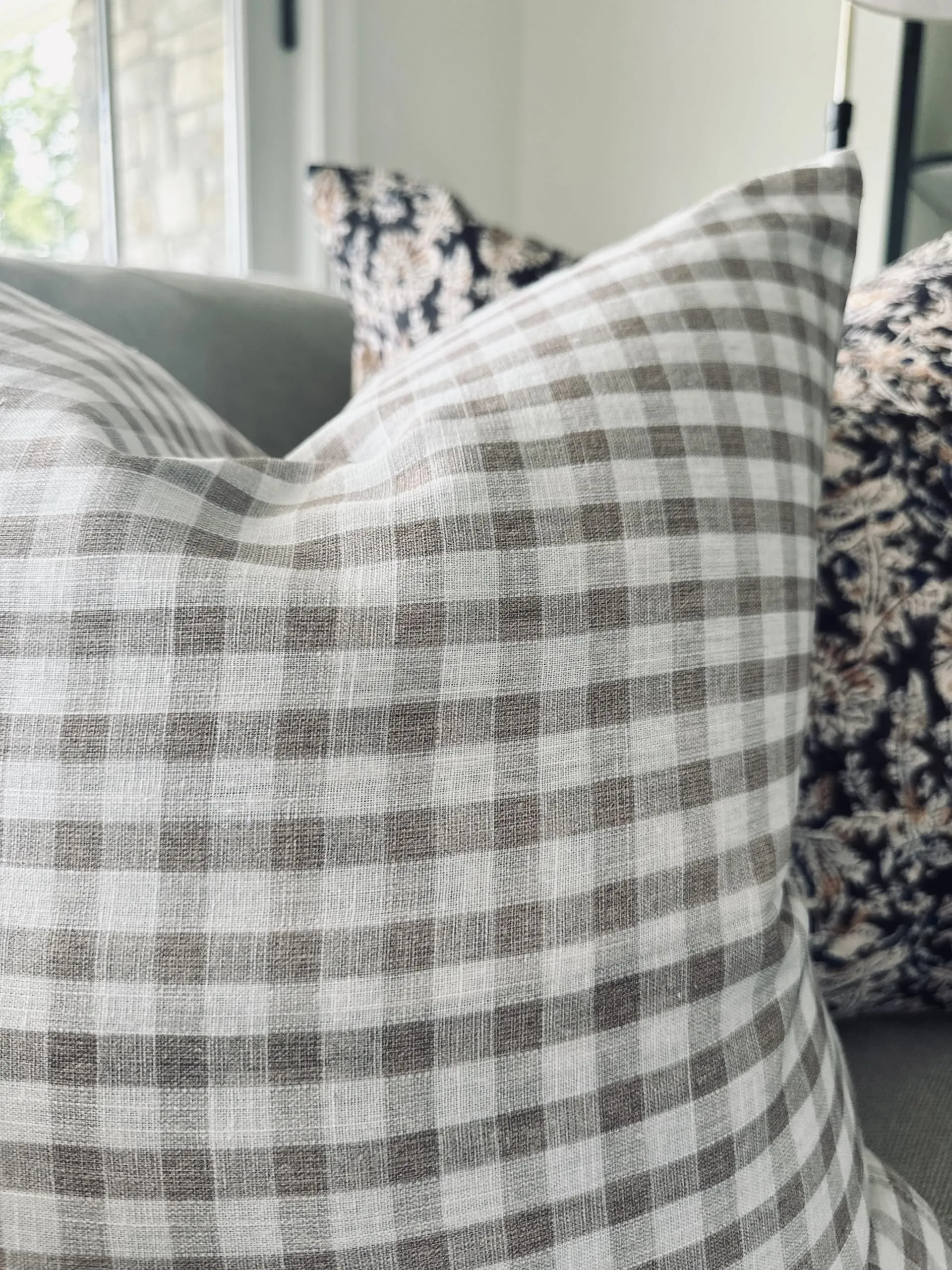 Pillow Cover 100% Linen 20 x 20 inches Double Sided Block Print with Zipper for Easy Removal Home Decor Shabby Chic Farmhouse Neutral Decorative Sofa Couch Accent (Plaid White Grey)