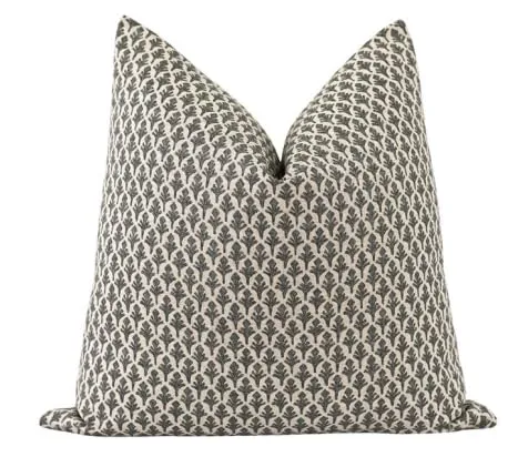 Pillow Cover 100% Linen 20 x 20 inches Double Sided Block Print with Zipper for Easy Removal Home Decor Shabby Chic Farmhouse Neutral Decorative Sofa Couch Accent (Plaid White Grey)