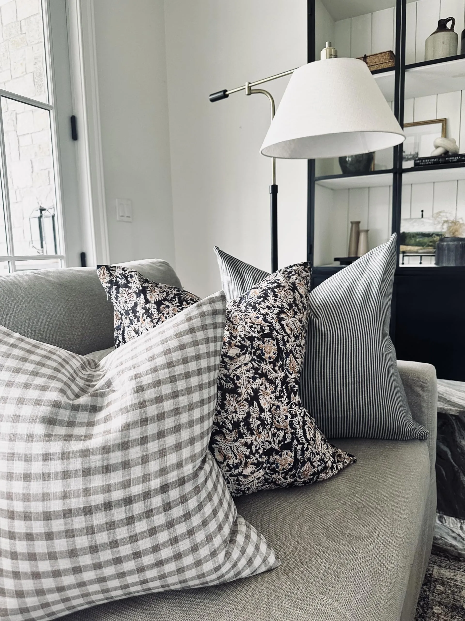 Pillow Cover 100% Linen 20 x 20 inches Double Sided Block Print with Zipper for Easy Removal Home Decor Shabby Chic Farmhouse Neutral Decorative Sofa Couch Accent (Plaid White Grey)