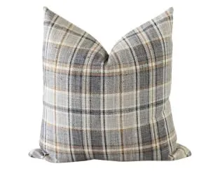 Pillow Cover 100% Linen 20 x 20 inches Double Sided Block Print with Zipper for Easy Removal Home Decor Shabby Chic Farmhouse Neutral Decorative Sofa Couch Accent (Plaid White Grey)