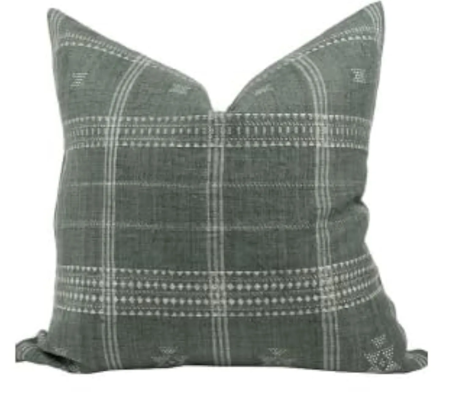 Pillow Cover 100% Linen 20 x 20 inches Double Sided Block Print with Zipper for Easy Removal Home Decor Shabby Chic Farmhouse Neutral Decorative Sofa Couch Accent (Plaid White Grey)