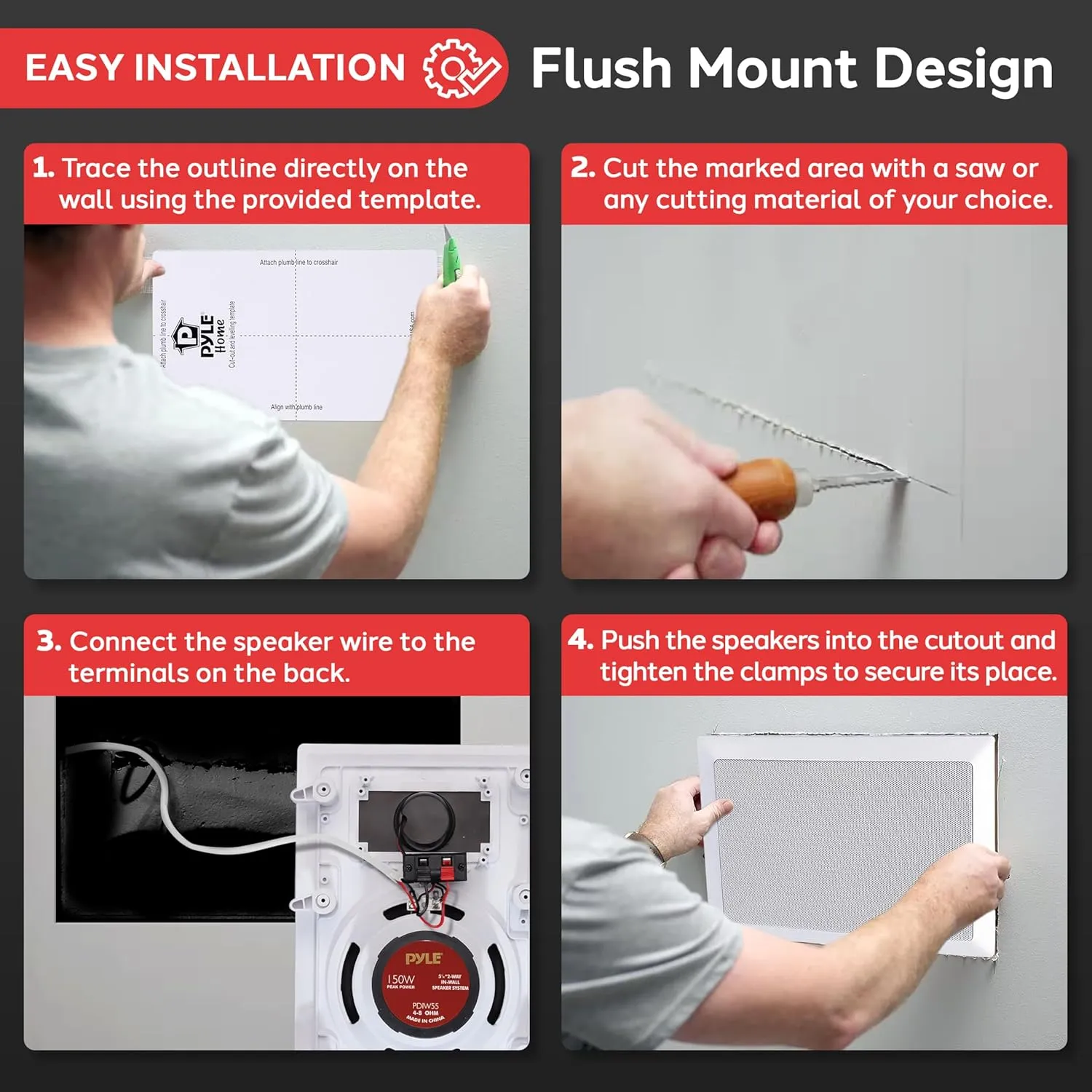 Pyle 150 Watts 5.25'' In-Wall / In-Ceiling Stereo Speakers - 2-Way Flush Mount Stereo Sound Speakers | 5-1/4'' Midbass Speaker - White (Pair)