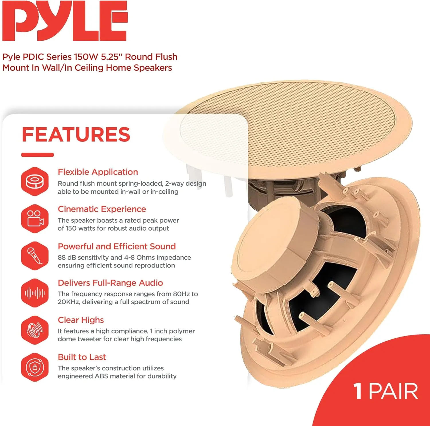 Pyle 2 Pair Speakers, 150W 5.25" Round Flush Mount in Wall/in Ceiling Home Speakers, PDIC Series, Tan