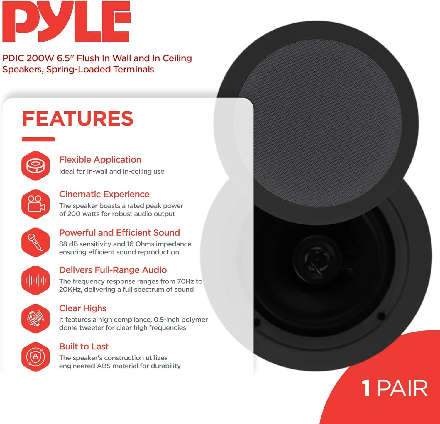 Pyle 2 Pair Speakers, 200W 6.5" Flush Mount in Wall/in Ceiling Speakers with Spring-Loaded Terminals, PDIC Series, Black