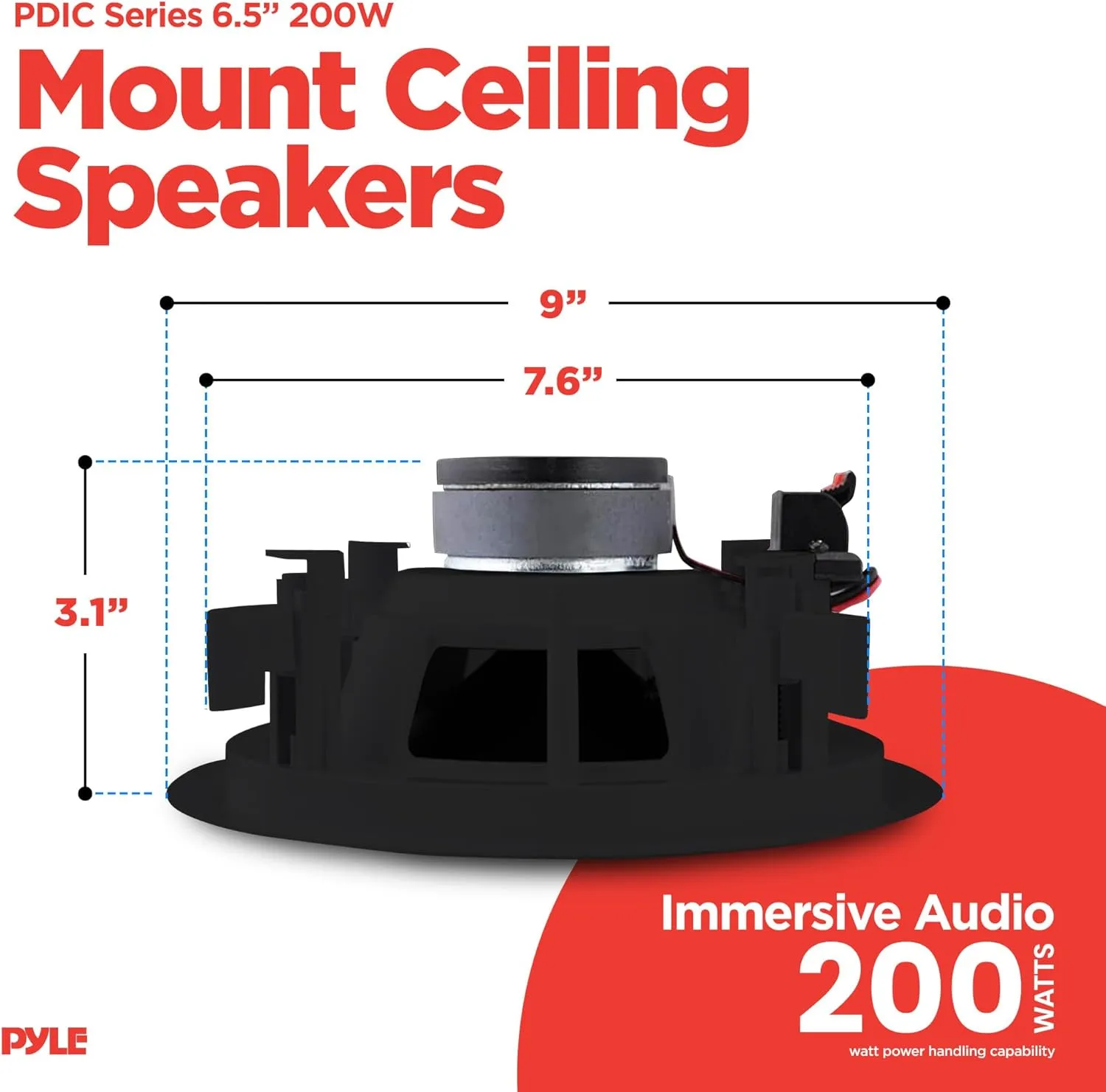 Pyle 2 Pair Speakers, 200W 6.5" Flush Mount in Wall/in Ceiling Speakers with Spring-Loaded Terminals, PDIC Series, Black