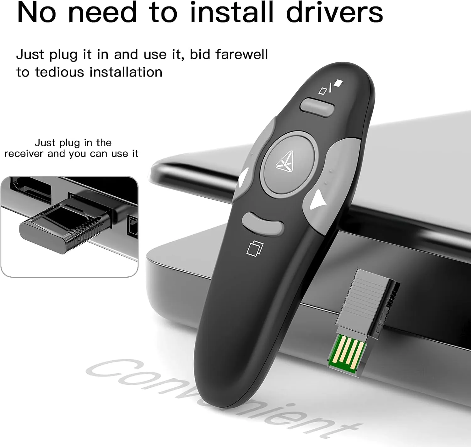 QUI Presentation Clicker Wireless Presenter Remote Clicker for PowerPoint Presentation Remote, PowerPoint Slide Advancer for Mac/Windows/Linux, Google Slide/PPT/Keynote (Grey(228ft), USB-Grey Key)