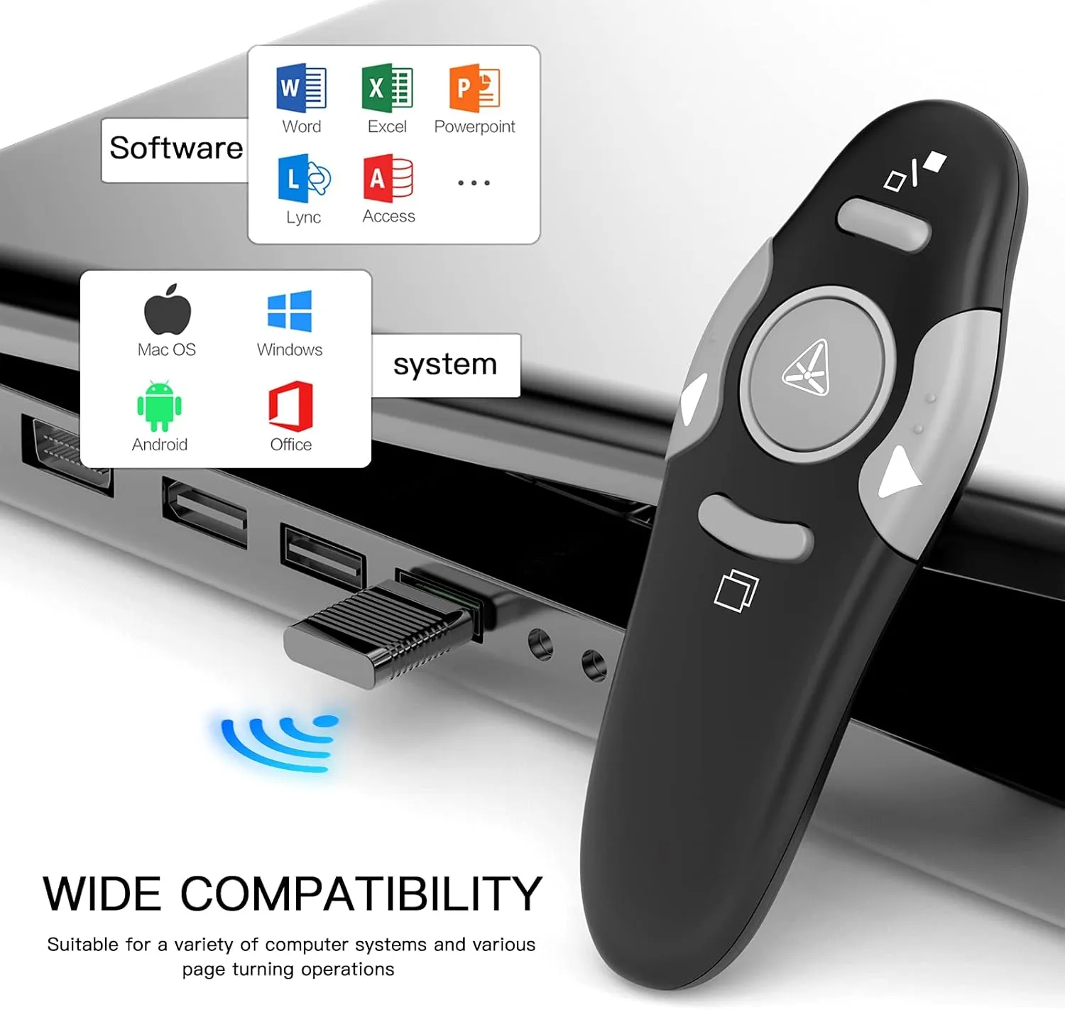 QUI Presentation Clicker Wireless Presenter Remote Clicker for PowerPoint Presentation Remote, PowerPoint Slide Advancer for Mac/Windows/Linux, Google Slide/PPT/Keynote (Grey(228ft), USB-Grey Key)