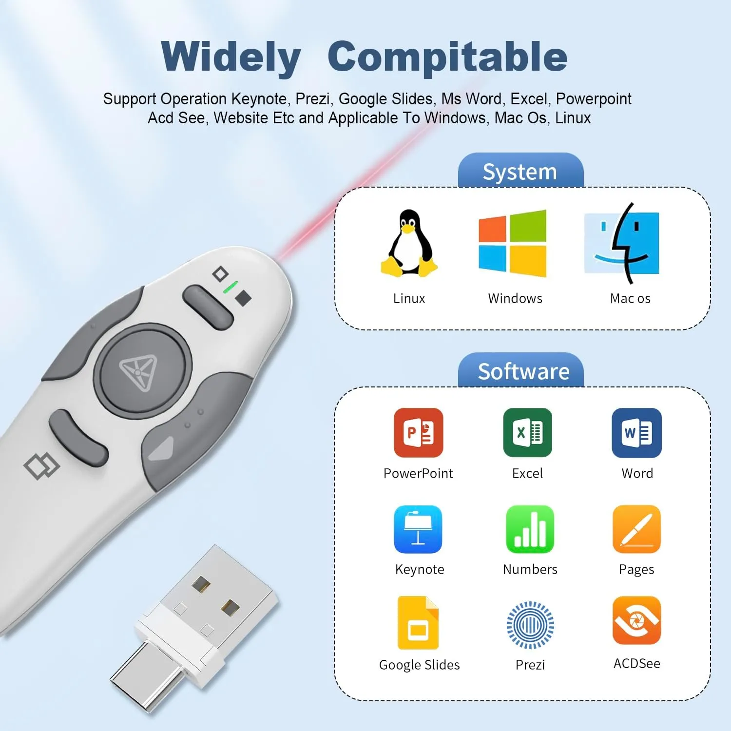 QUI Presentation Clicker Wireless Presenter Remote Clicker for PowerPoint Presentation Remote,Type-c Silver PowerPoint Slide Advancer for Mac/Windows/Linux, Google Slide/PPT/Keynote