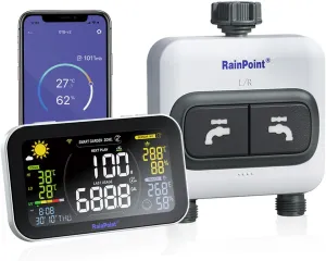 RAINPOINT 2 Zone WiFi Sprinkler Timer for Garden Hose - Smart Hose Timer WiFi Water Timer with Irrigation Display Gateway Hub - Wireless Smart Watering System with Dual Zone Water Hose Timer
