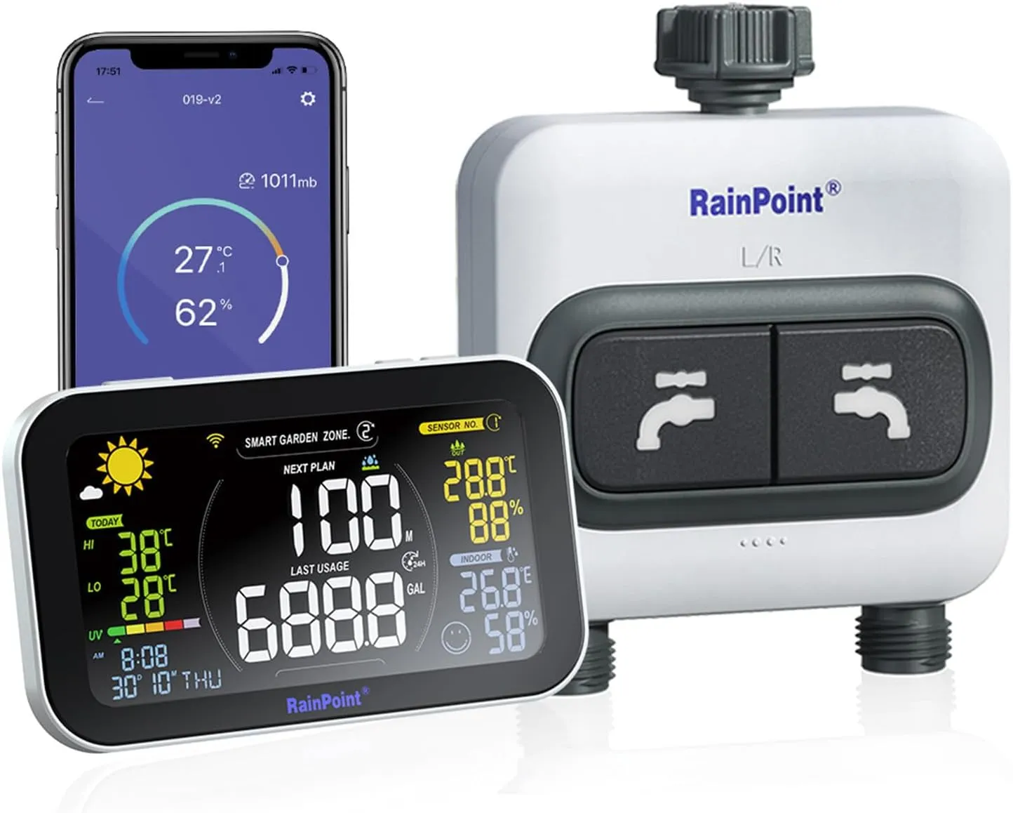 RAINPOINT 2 Zone WiFi Sprinkler Timer for Garden Hose - Smart Hose Timer WiFi Water Timer with Irrigation Display Gateway Hub - Wireless Smart Watering System with Dual Zone Water Hose Timer