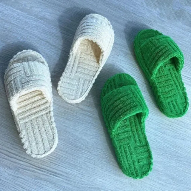 Retro Classic stripe soft comfy fuzzy slides wedge thick sole slippers