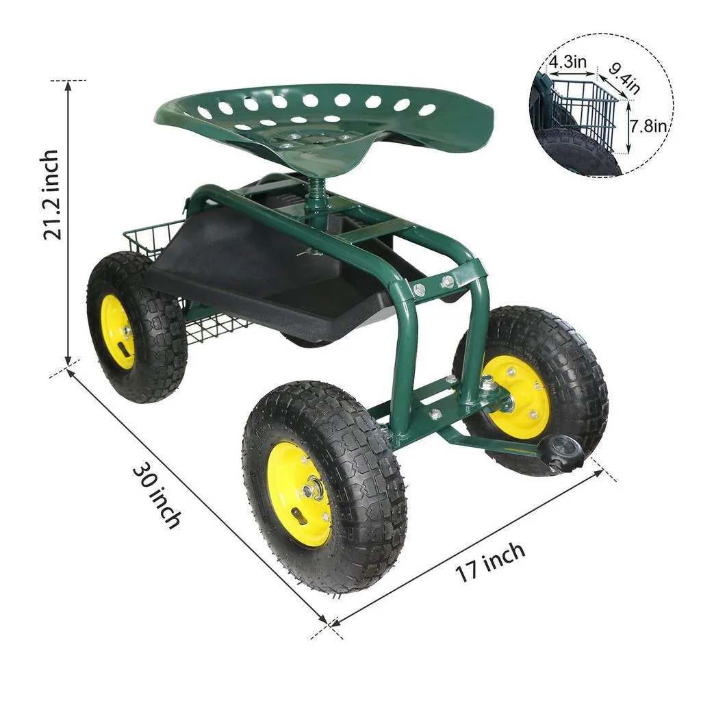 Rolling Premium Garden Cart Seat with Storage and 10-Inch Wheels