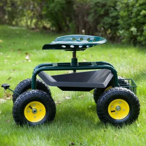 Rolling Premium Garden Cart Seat with Storage and 10-Inch Wheels