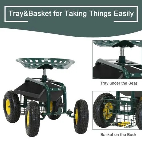 Rolling Premium Garden Cart Seat with Storage and 10-Inch Wheels