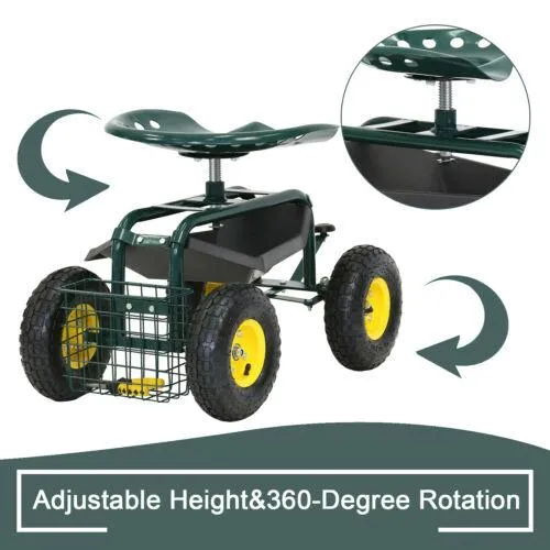 Rolling Premium Garden Cart Seat with Storage and 10-Inch Wheels