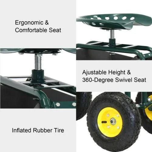 Rolling Premium Garden Cart Seat with Storage and 10-Inch Wheels
