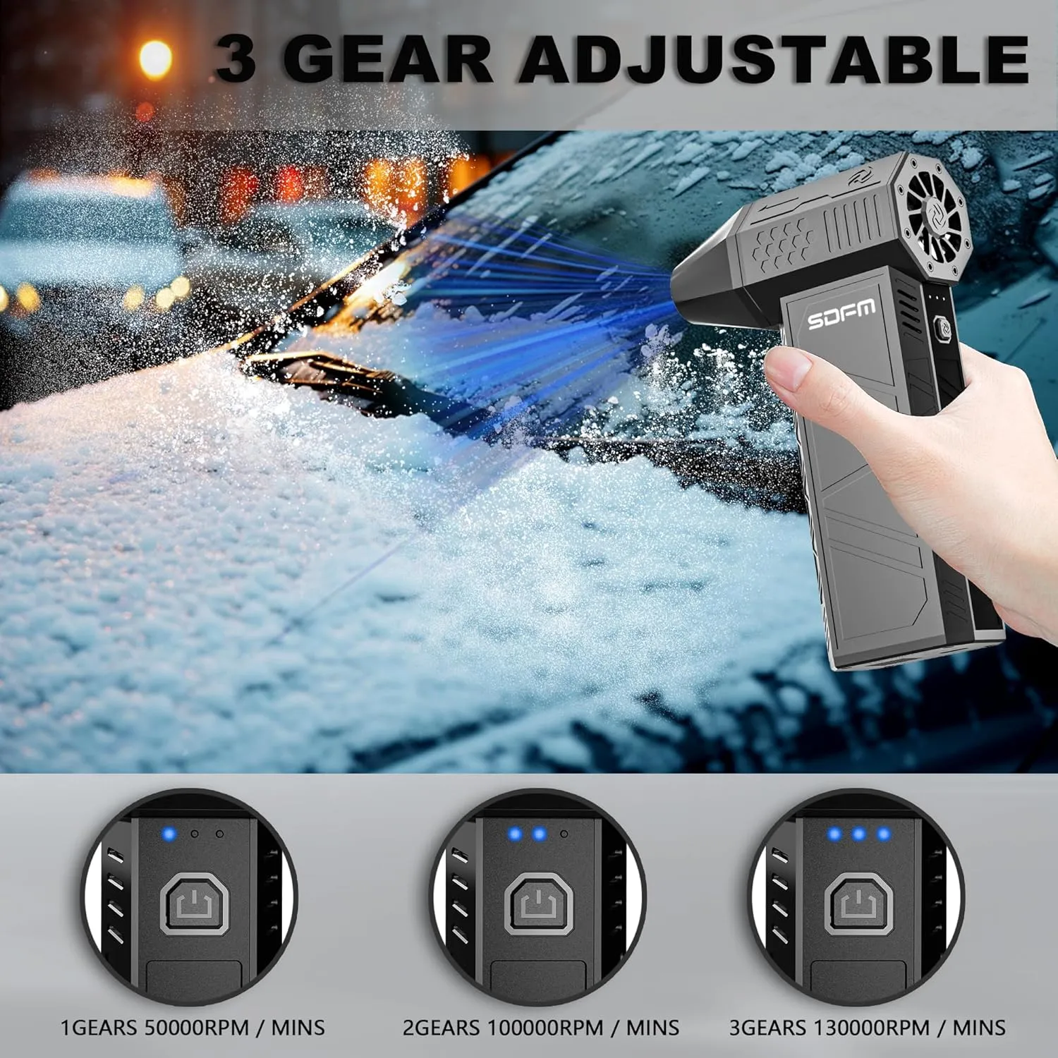 SDFM Electric Air Duster - 130000RPM Compressed Air Duster3 Gear Adjustable Jet Dry Blower can Reusable Can for Computer Keyboard,Outdoors,Car,Home. (Black)