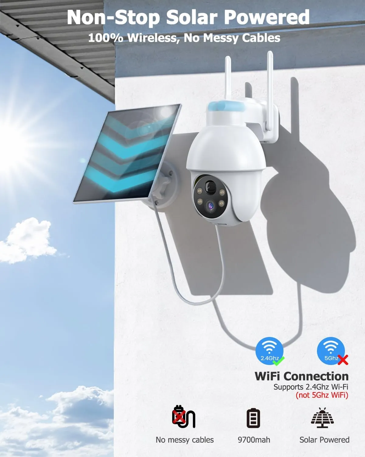 Security Camera Wireless Outdoor, 2K Solar Security Camera,Battery Powered 360PTZ Security Camera,Color Night Vision,2-Way Audio,PIR Motion Detection,Compatible with Alexa